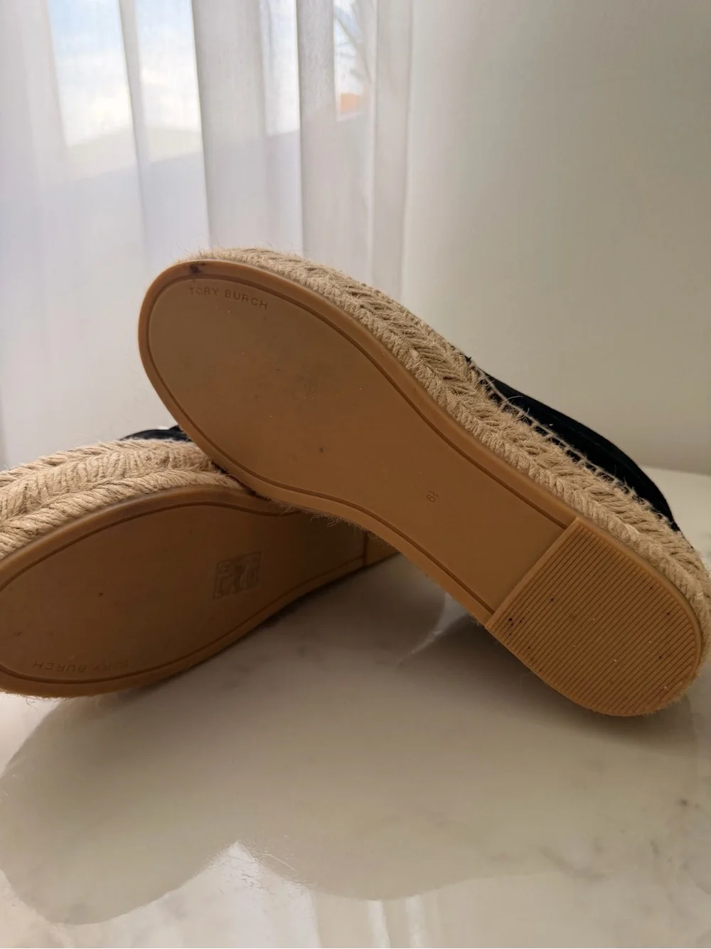 Tory Burch Black Suede Espadrille Platform Flats with Natural Jute